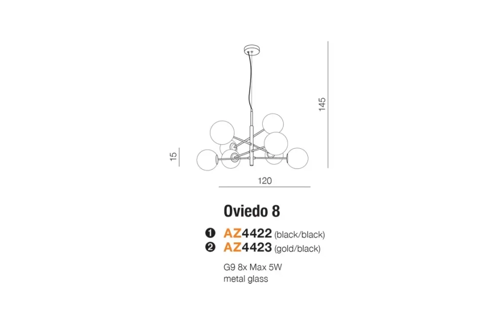 Lustre a závesné svietidlá - Azzardo Designový lustr Oviedo 8 zlaté/Bk